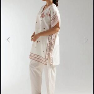 Floral Embroidered White and Pink Kurta Set